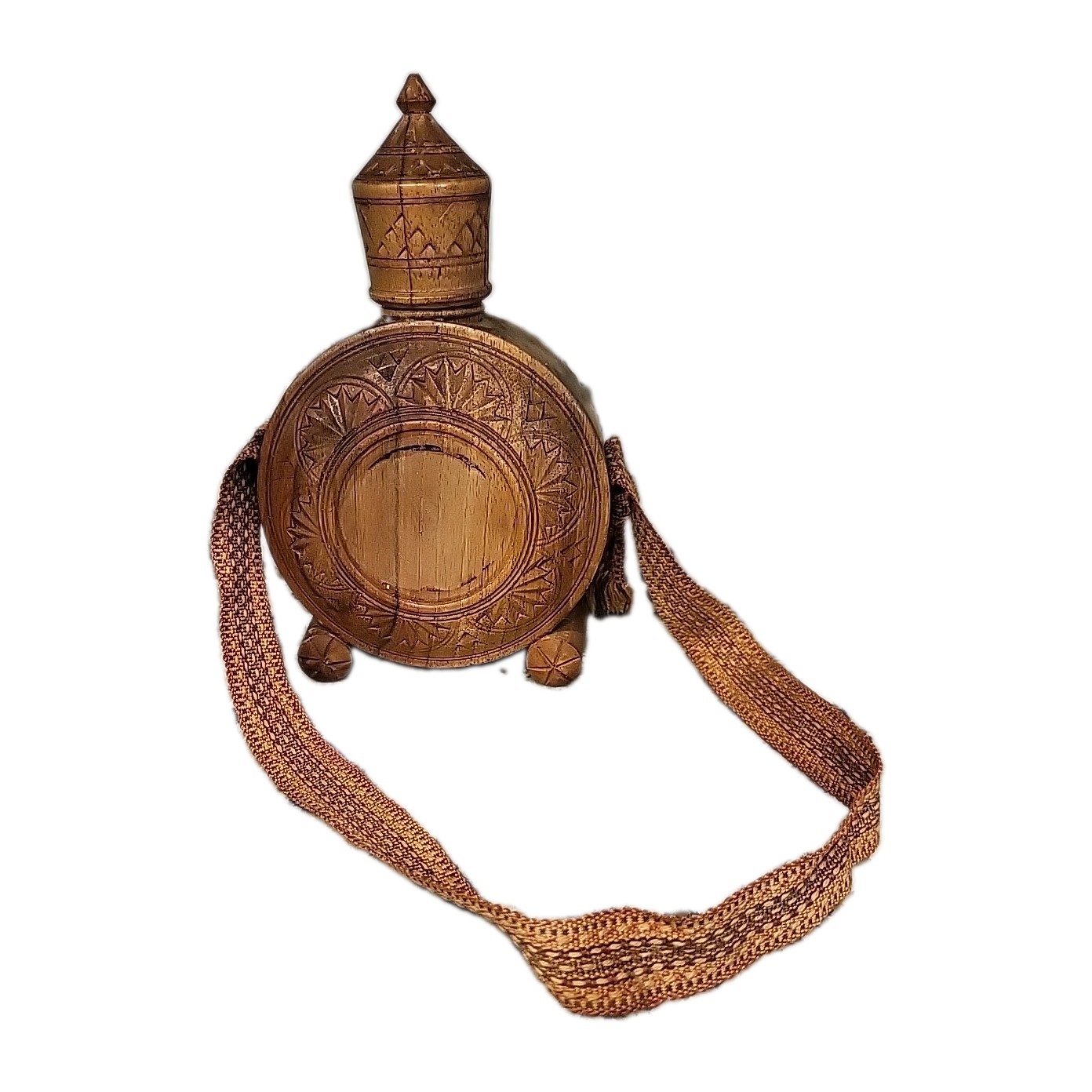 VTG Hand Carved Wooden Wood Canteen Decanter Flask with Strap Folk Art Balkan