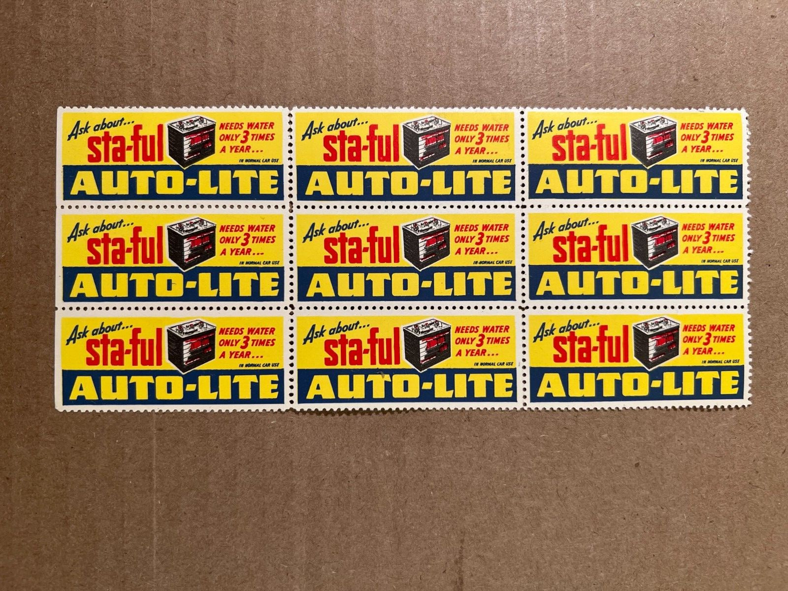 Auto-Lite Sta-ful Battery Advertising Stickers Block of 9 Circa 1950's NR/MT Auto-Lite Sta-ful Battery Advertising Stickers Block of 9 Circa 1950's NR/MT