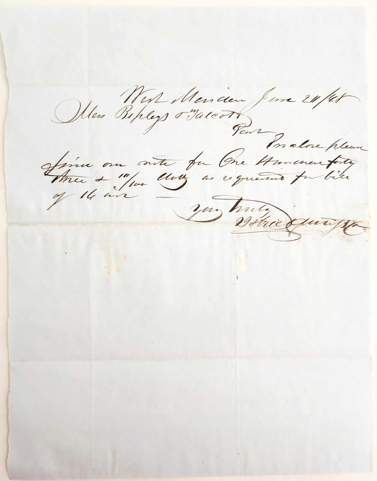1848 Handwritten Letter Ripley & Talcott Hartford CT West Meriden Victorian