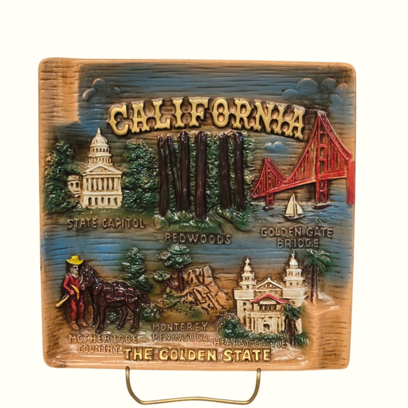 Vintage California Souvenir Wall Plaque Japan 3D Golden Gate Redwood Relief 1950 Vintage California Souvenir Wall Plaque Japan 3D Golden Gate Redwood Relief 1950