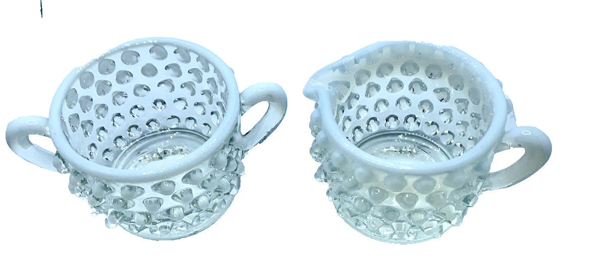 Vintage Fenton Moonstone Hobnail mini Sugar Bowl And Creamer Set 2" Tall EUC