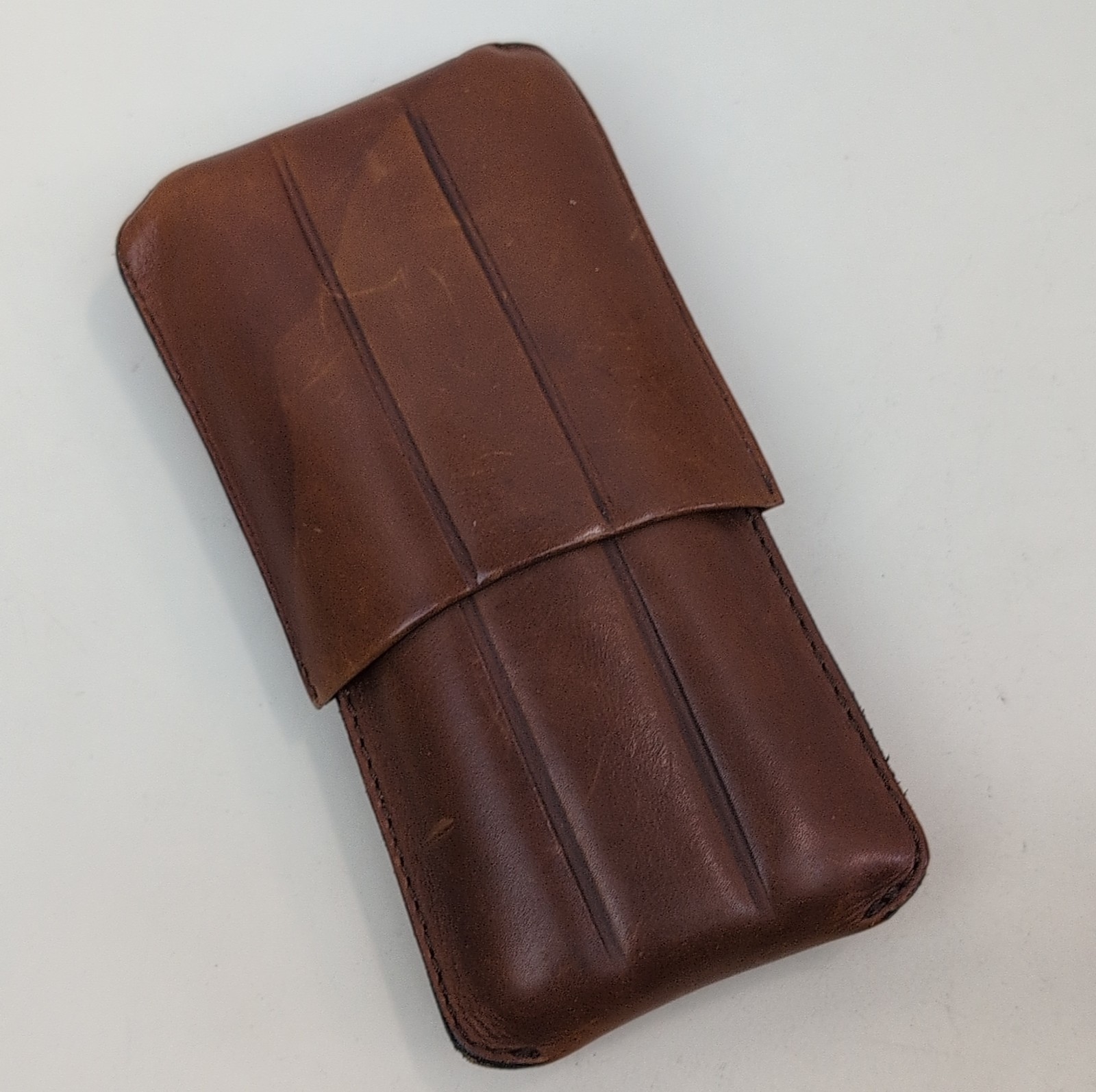 Vintage Brown Leather 3 Cigar Case Holder Travel Carrying Sleeve Pocket Genuine 