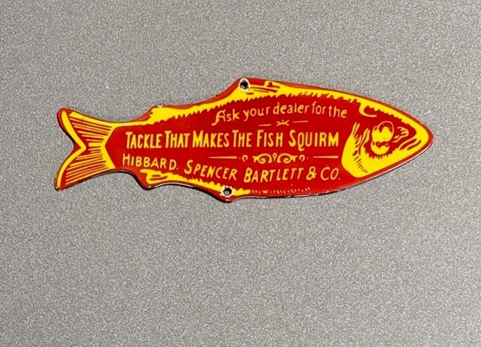 VINTAGE 12” HIBBARD SPENCER FISH PORCELAIN SIGN CAR GAS OIL TRUCK MOTORCYCLE VINTAGE 12” HIBBARD SPENCER FISH PORCELAIN SIGN CAR GAS OIL TRUCK MOTORCYCLE
