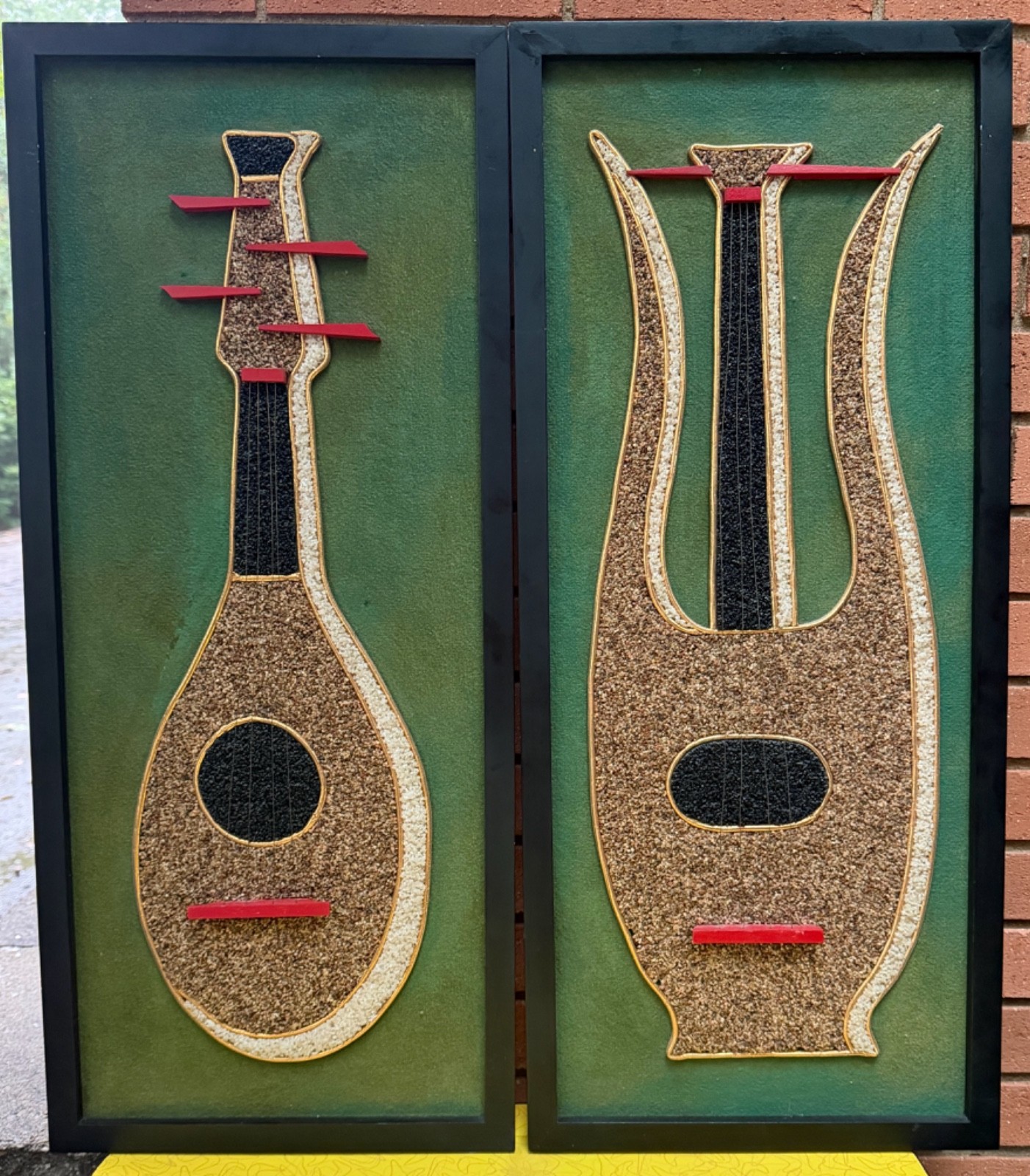 Vintage MCM Gravel Art Lute Lyre Instruments Mid Century Modern Wall Hangings Vintage MCM Gravel Art Lute Lyre Instruments Mid Century Modern Wall Hangings
