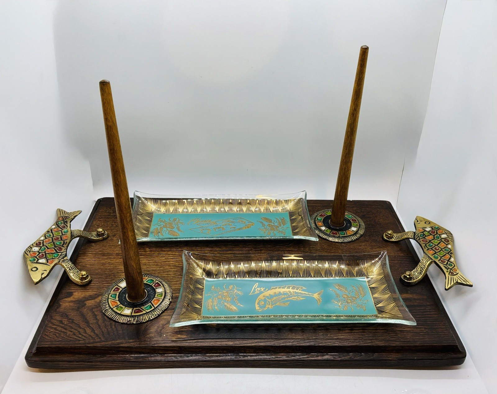 Rare Complete Set VTG 1950 Israel Bagel&Lox Glass Serving Set, Wood Tray-Judaica Rare Complete Set VTG 1950 Israel Bagel&Lox Glass Serving Set, Wood Tray-Judaica