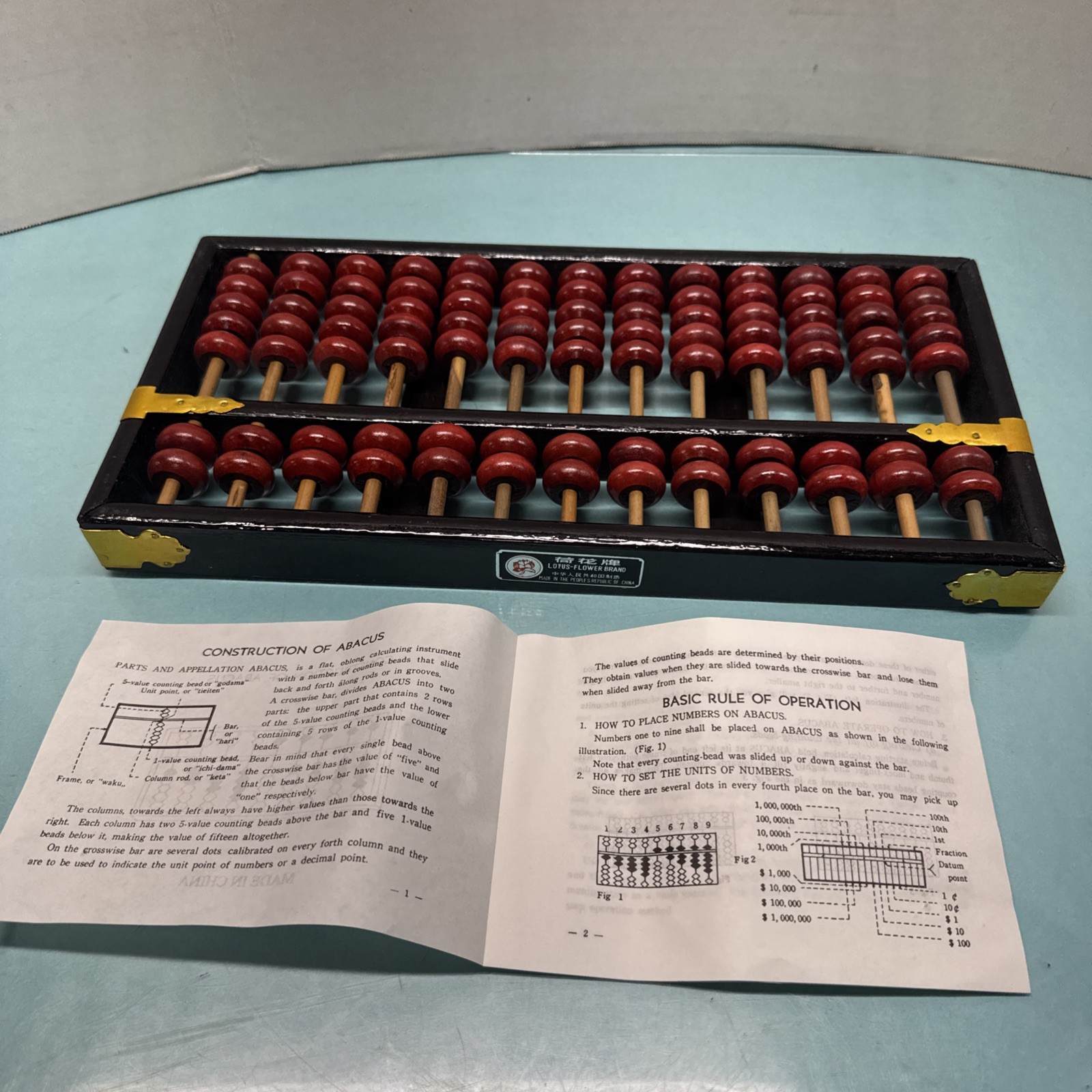 Vintage Lotus Flower Brand Chinese Abacus 13 Rods 91 Beads New Old Stock Red