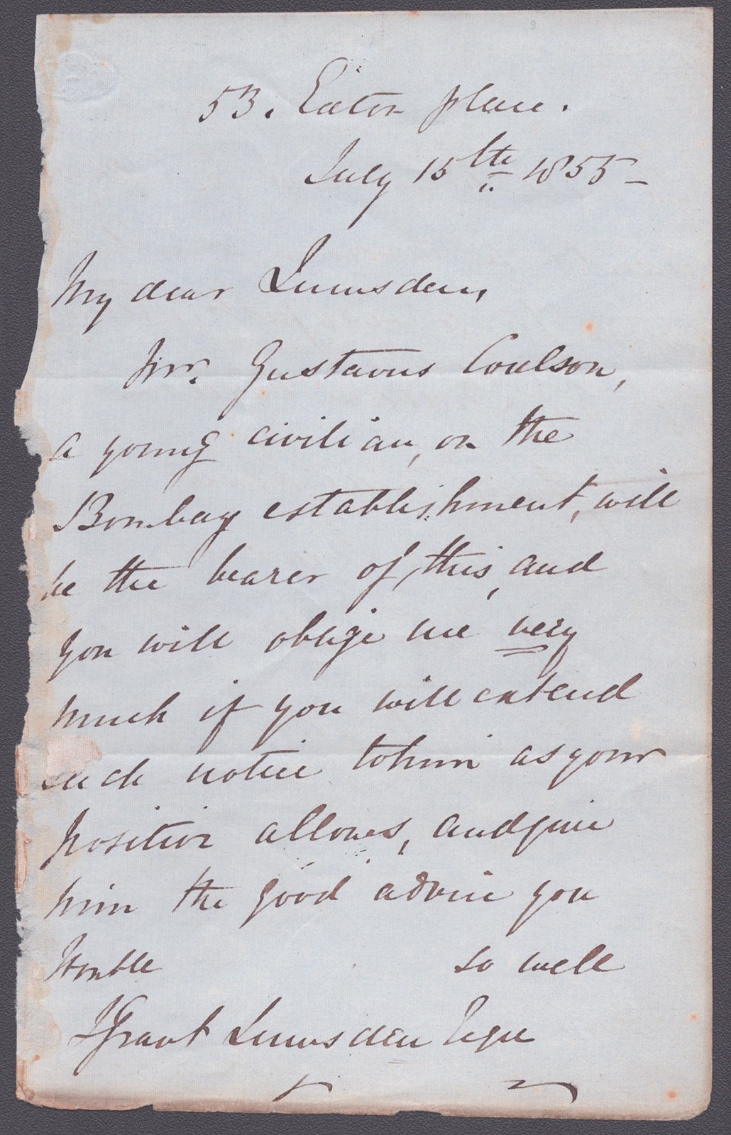 LUCIUS BENTINCK "10TH VISCOUNT FALKLAND" CARY - AUTOGRAPH LETTER 07/15/1855 LUCIUS BENTINCK "10TH VISCOUNT FALKLAND" CARY - AUTOGRAPH LETTER 07/15/1855