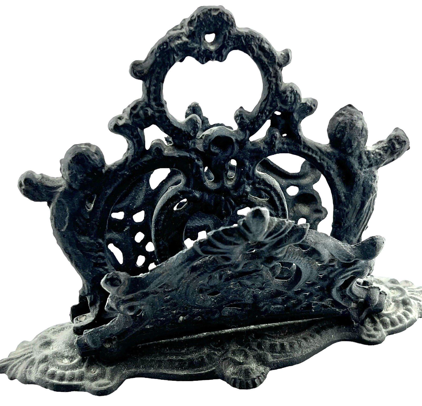 Antique Black Cast Iron Letter Holder Napkin Holder Ornate Piece Scrolls Cherubs Antique Black Cast Iron Letter Holder Napkin Holder Ornate Piece Scrolls Cherubs