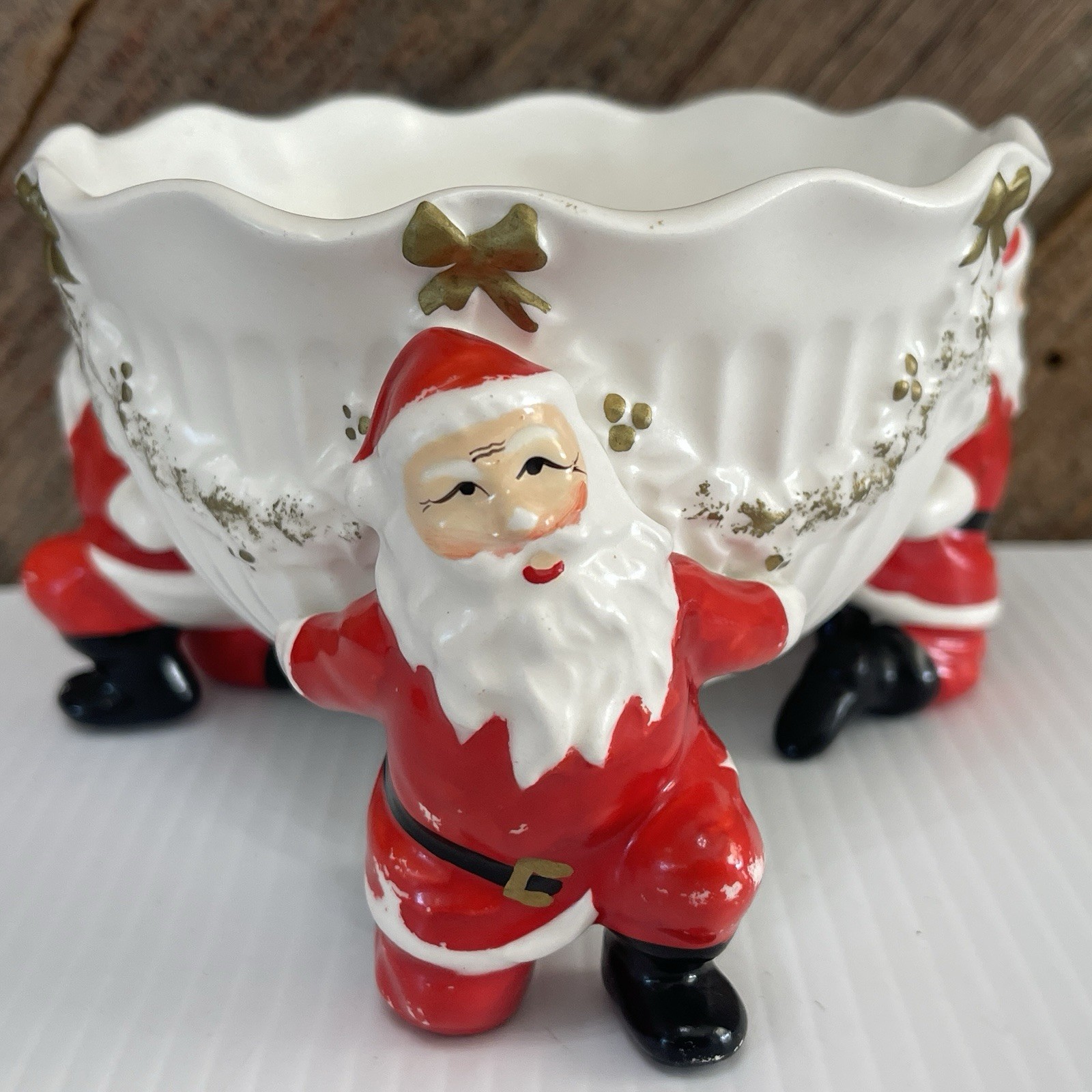 VTG 1962 Inarco Triple Santa Planter Bowl Dish Candy Christmas MCM Ceramic White VTG 1962 Inarco Triple Santa Planter Bowl Dish Candy Christmas MCM Ceramic White