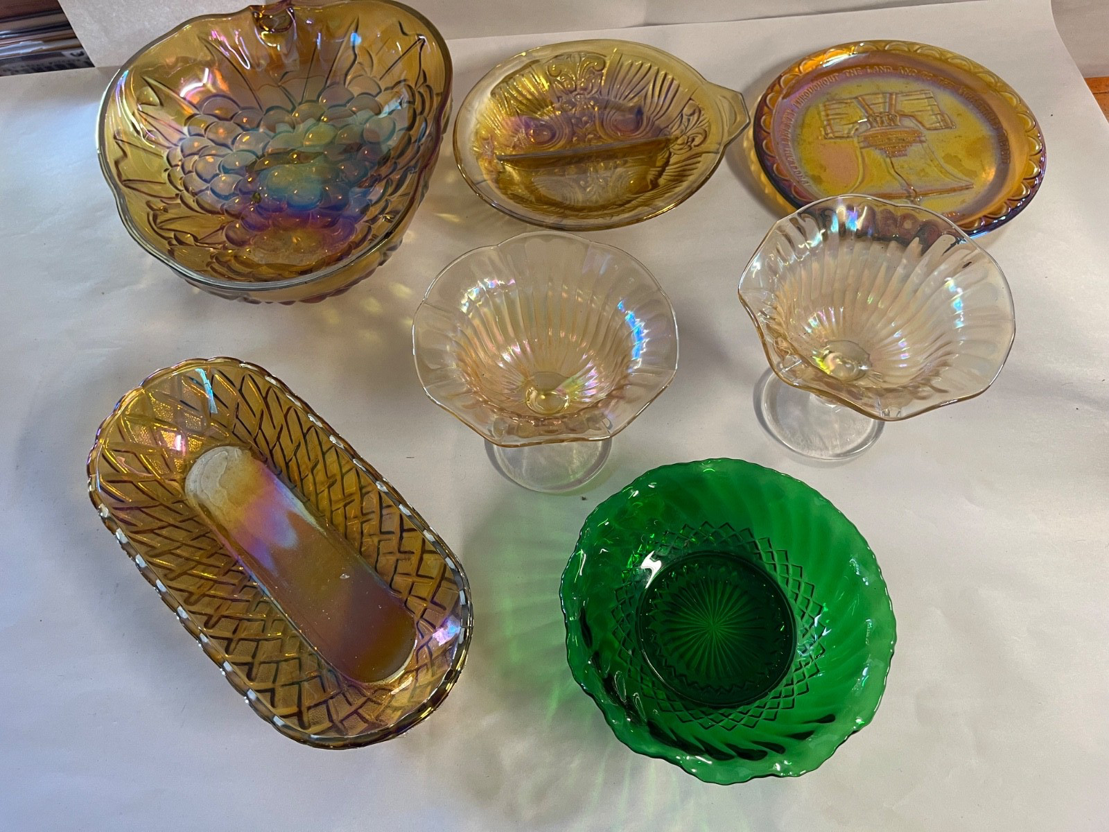 lot of 7 Vintage Amber & Carnival Glass Dishes Leaf & Basket weave Iridescent lot of 7 Vintage Amber & Carnival Glass Dishes Leaf & Basket weave Iridescent