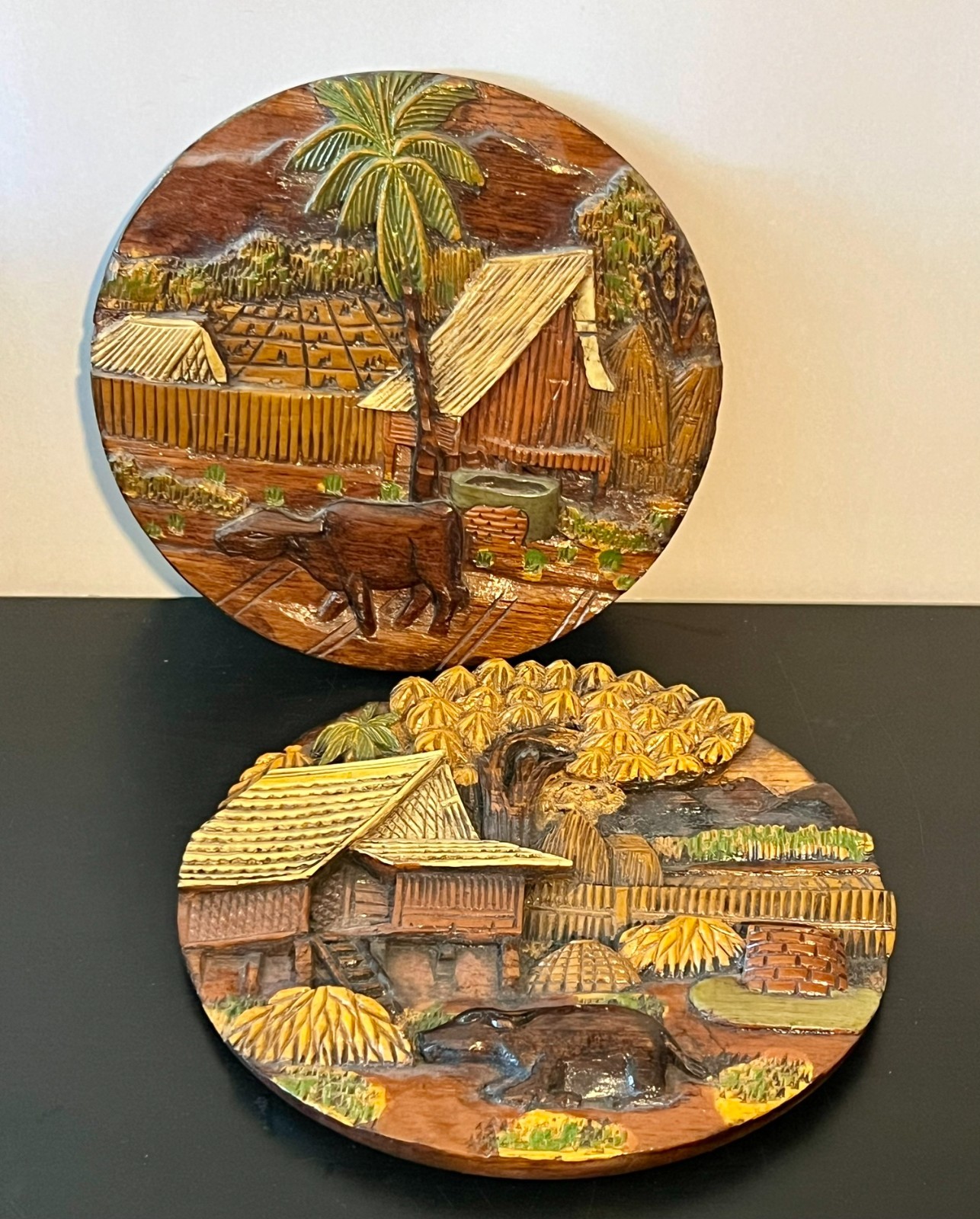 Lot 2 Vintage Thailand Hand Carved & Painted 3D Wood Wall Decor 9.5" Diameter