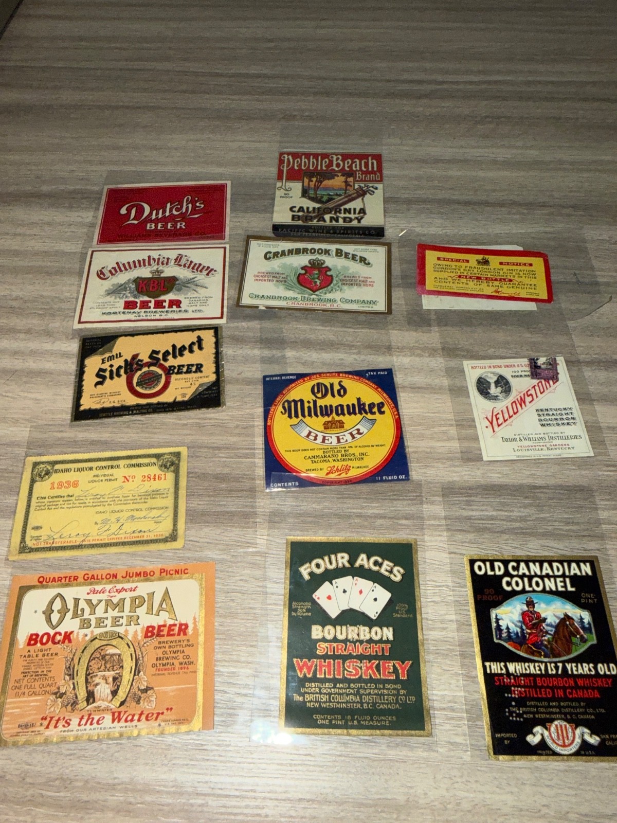Vintage 1930s Beer Whiskey Label Lot Olympia Sick’s Select Four Aces Yellowstone Vintage 1930s Beer Whiskey Label Lot Olympia Sick’s Select Four Aces Yellowstone