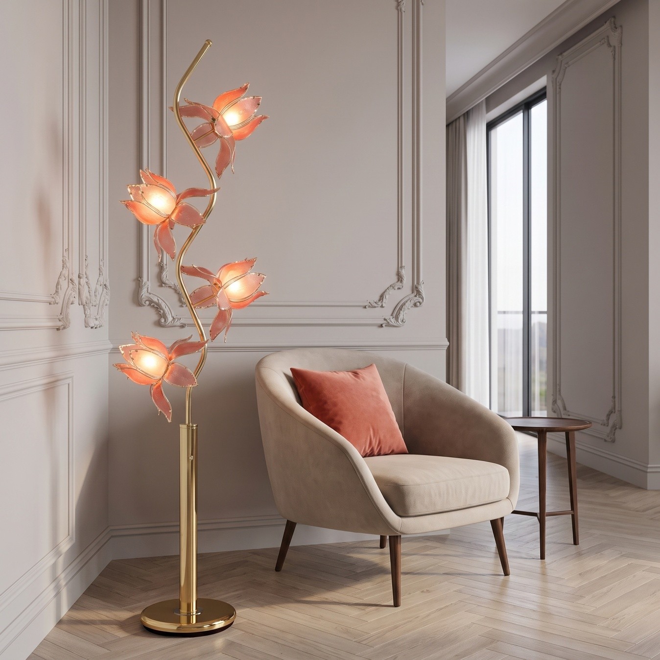 Luxury Vintage Style Pink Glass Lotus Flower Floor Lamp Gold Stand 73" Luxury Vintage Style Pink Glass Lotus Flower Floor Lamp Gold Stand 73"