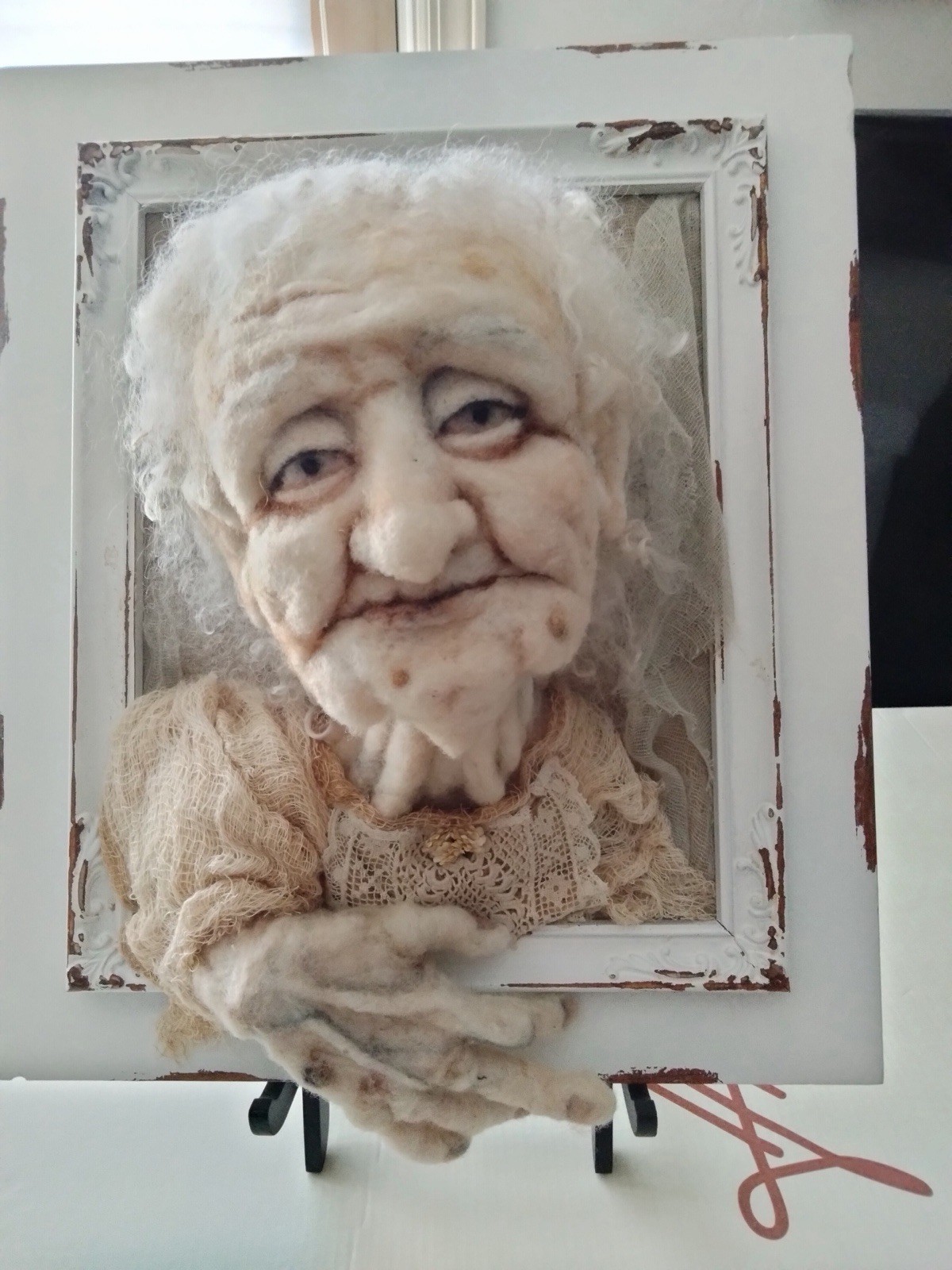 Felted 3D Old Lady In Frame Halloween Felted 3D Old Lady In Frame Halloween