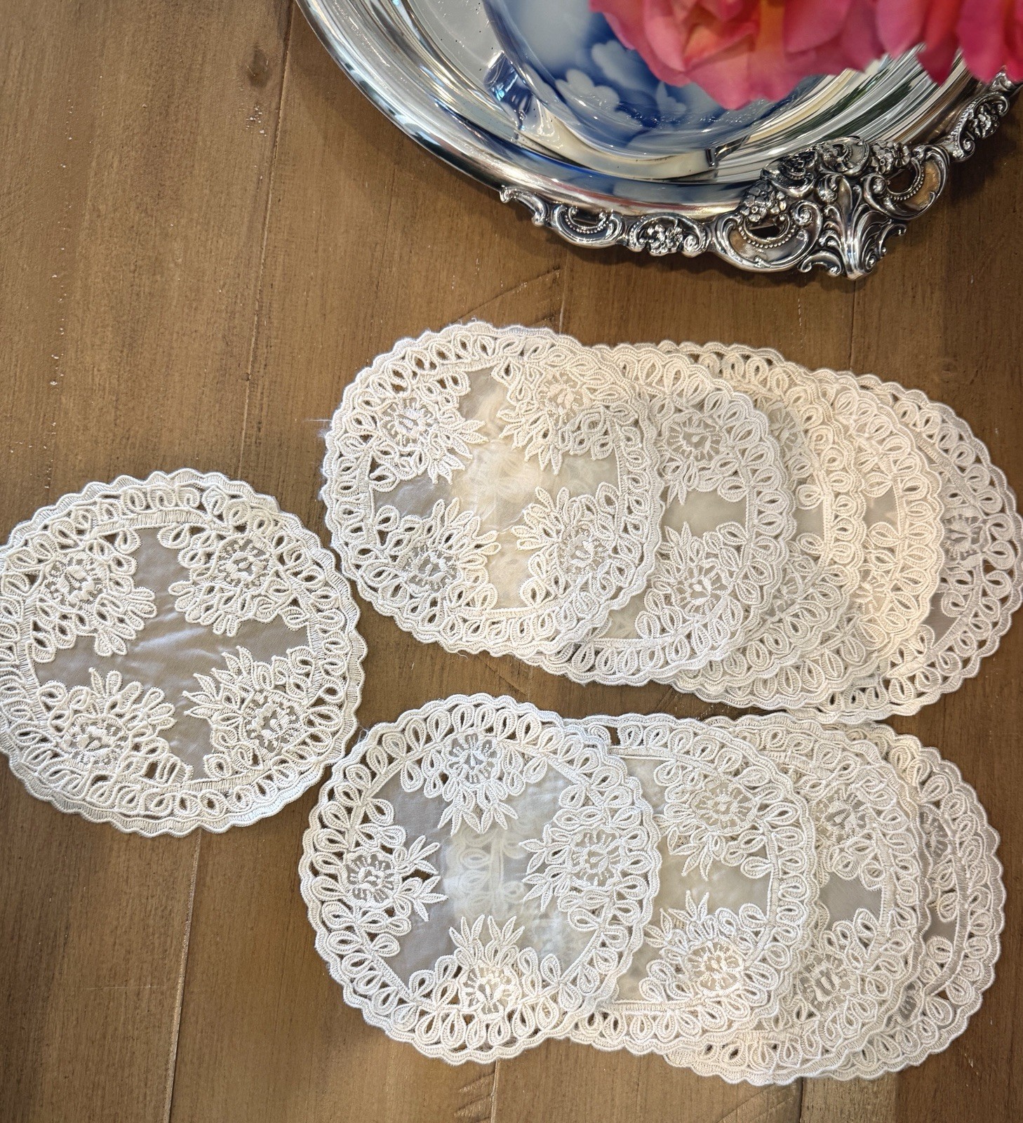 11 Vintage Madeira Style Broderie Embroidered Linen Mesh Doilies Ecru 6”