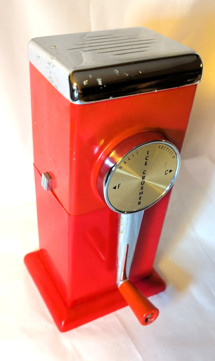 Vintage MCM 1950s Magic Hostess 9" Manual Ice Crusher Chrome & Red, Works, USA Vintage MCM 1950s Magic Hostess 9" Manual Ice Crusher Chrome & Red, Works, USA