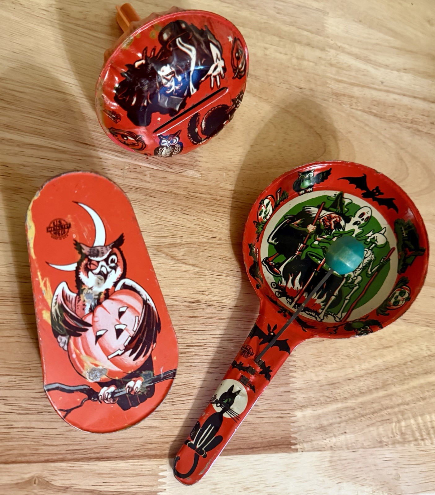 3 Vintage Halloween Party Tin Noisemakers Witch Cat Skeleton Ghost Paddle JOL 3 Vintage Halloween Party Tin Noisemakers Witch Cat Skeleton Ghost Paddle JOL