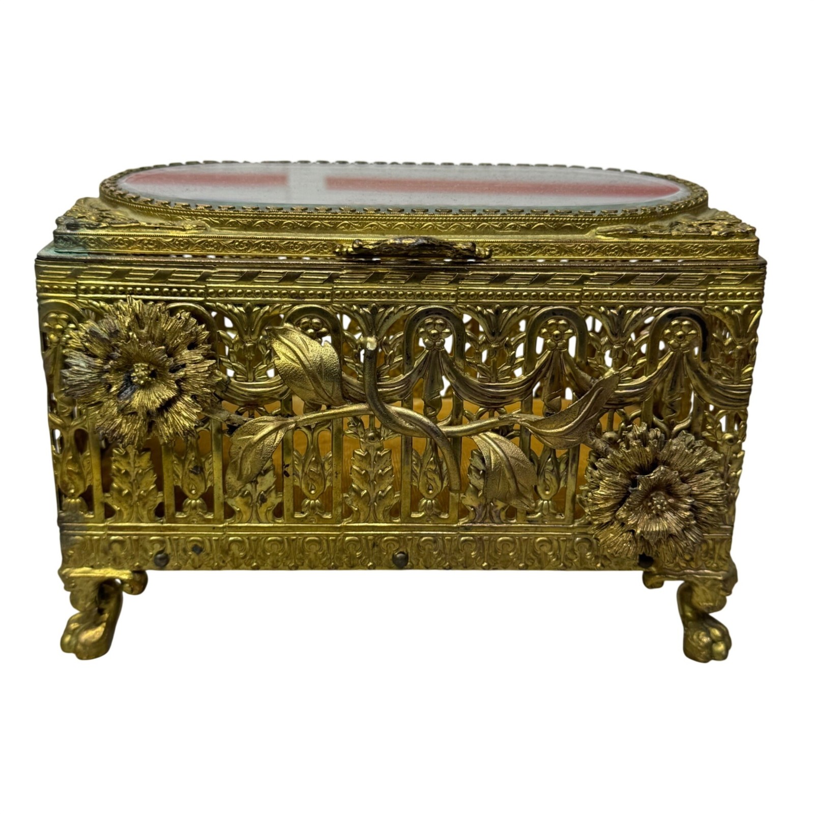 Antique Ornate Gold Plated Metal Jewelry Casket Box Floral Glass Top Footed Vtg Antique Ornate Gold Plated Metal Jewelry Casket Box Floral Glass Top Footed Vtg