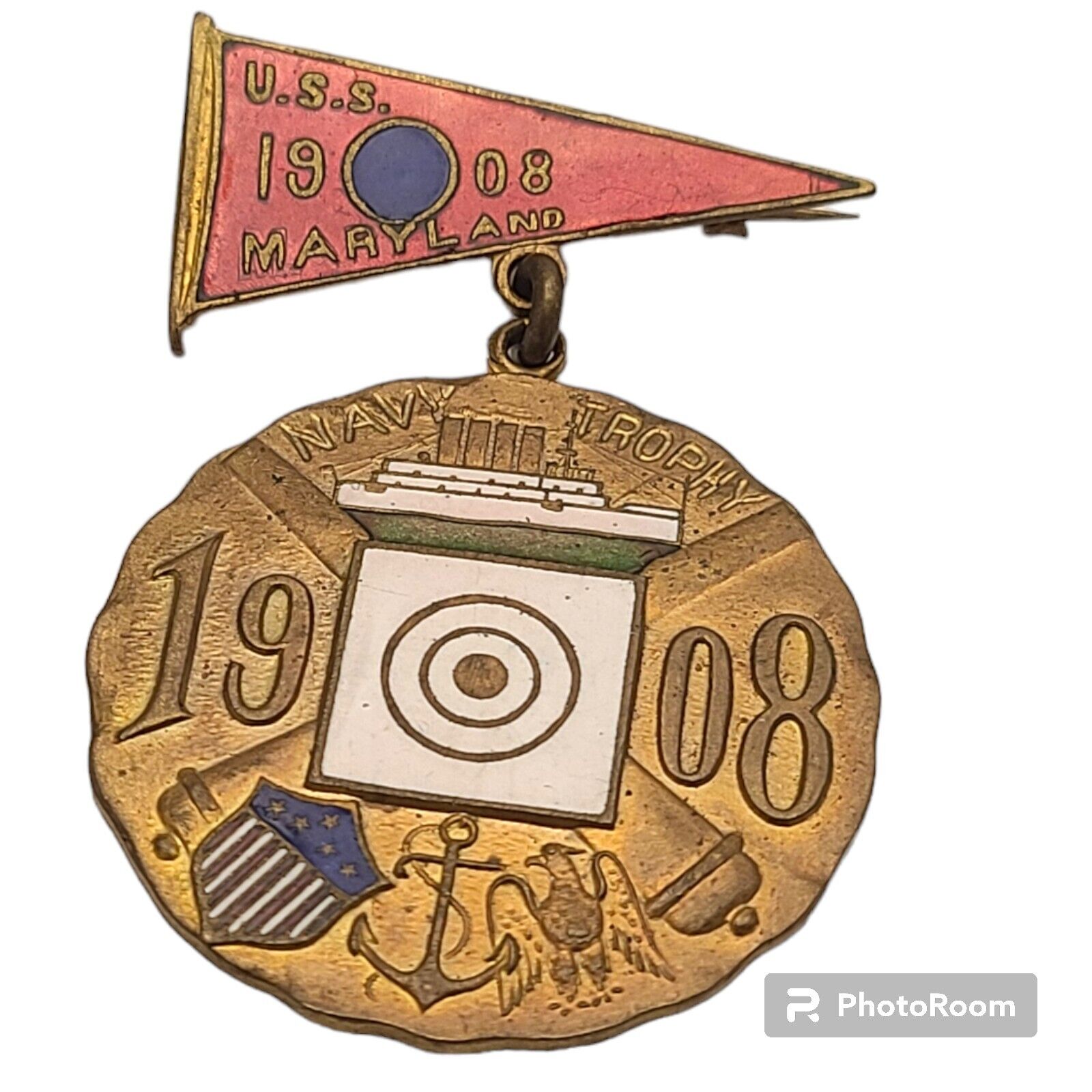 Rare 1908 Gunnery Medal–USS Maryland Navy Trophy Badge