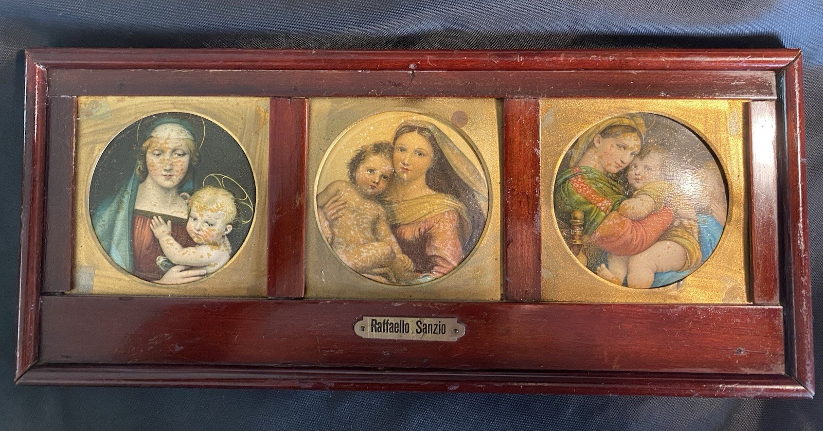 Antique Religious Madona With Child Triptych Painting