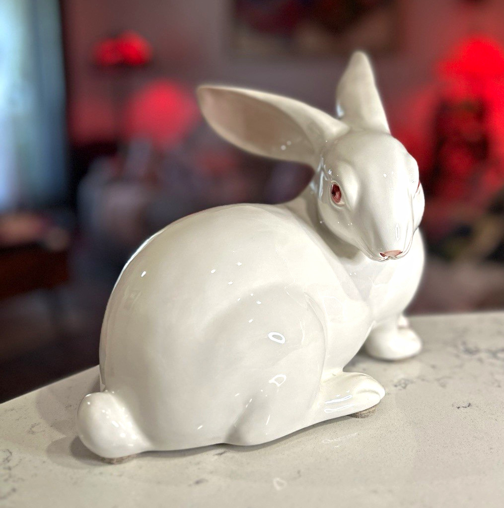 Vintage Japanese 1980s Fitz and Floyd White Porcelain Rabbit with Red Eyes
