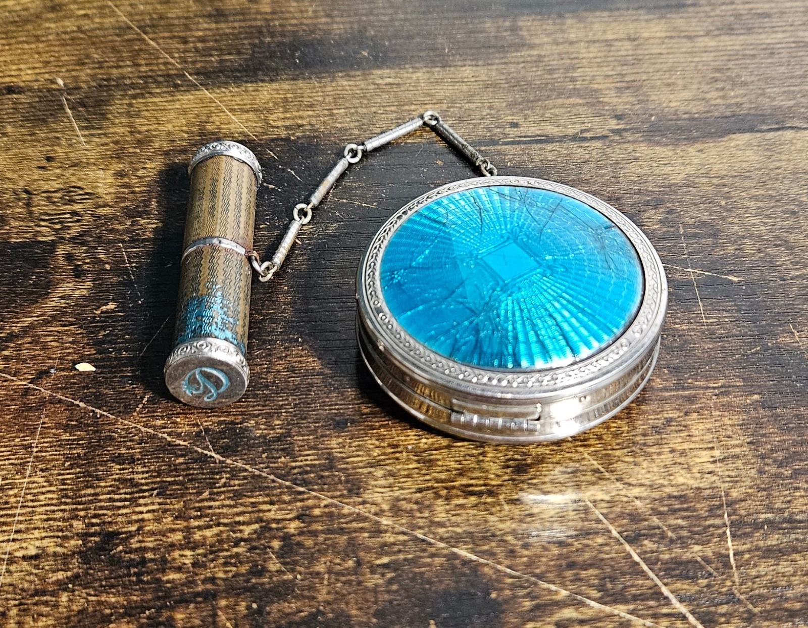 1924 Richard Hudnut Guilloche Blue Enamel Deauville Powder Compact & Lipstick