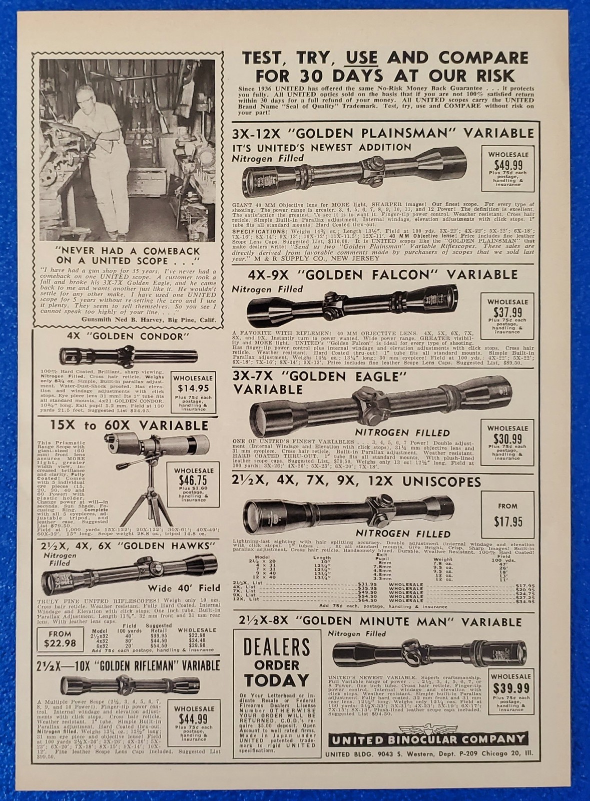 1961 UNITED BINOCULAR COMPANY - DISTRIBUTOR OF JAPANESE HUNTING SCOPES PRINT AD 1961 UNITED BINOCULAR COMPANY - DISTRIBUTOR OF JAPANESE HUNTING SCOPES PRINT AD