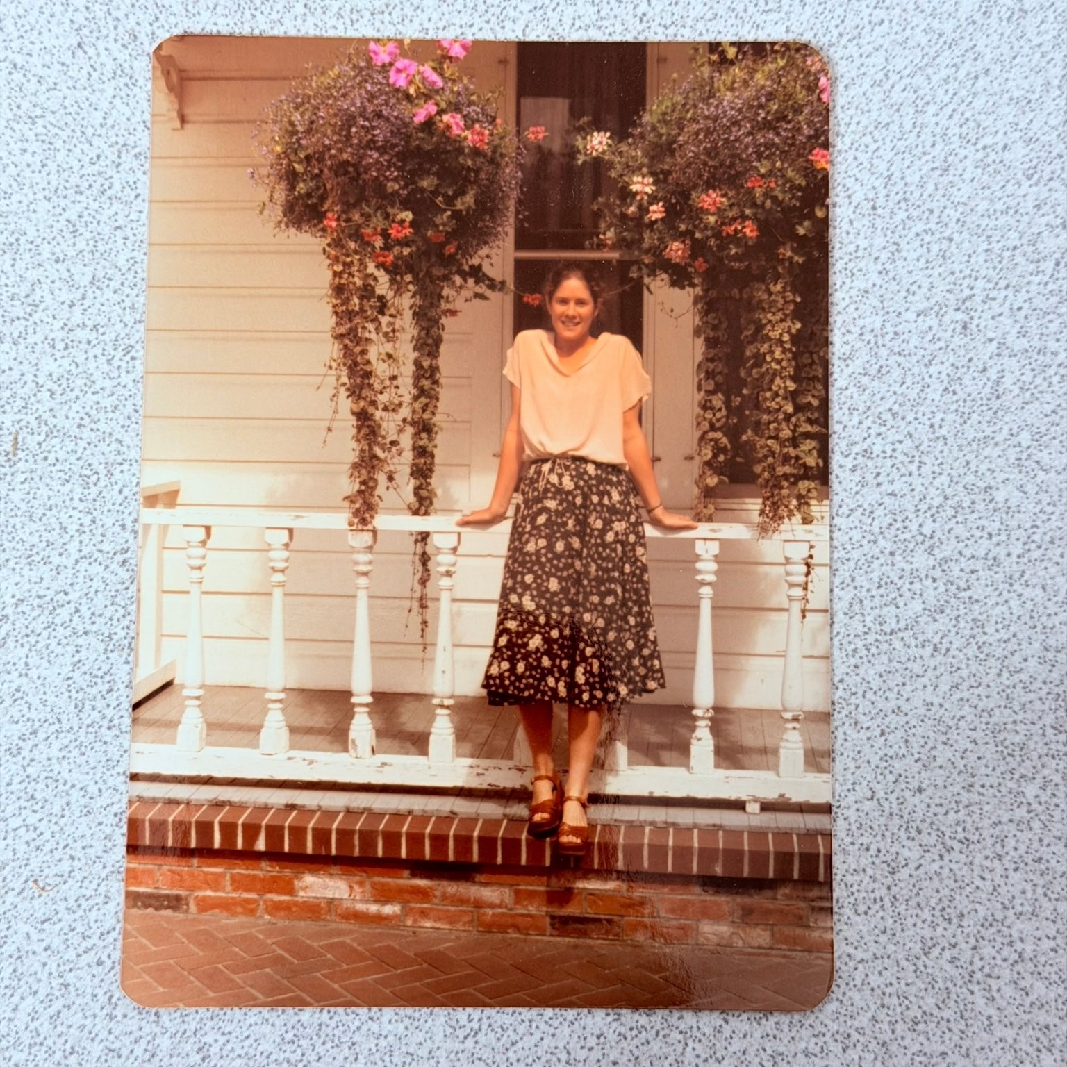 Woman Portrait 1970s Snapshot Photograph Porch Flowers Candid Americana Woman Portrait 1970s Snapshot Photograph Porch Flowers Candid Americana