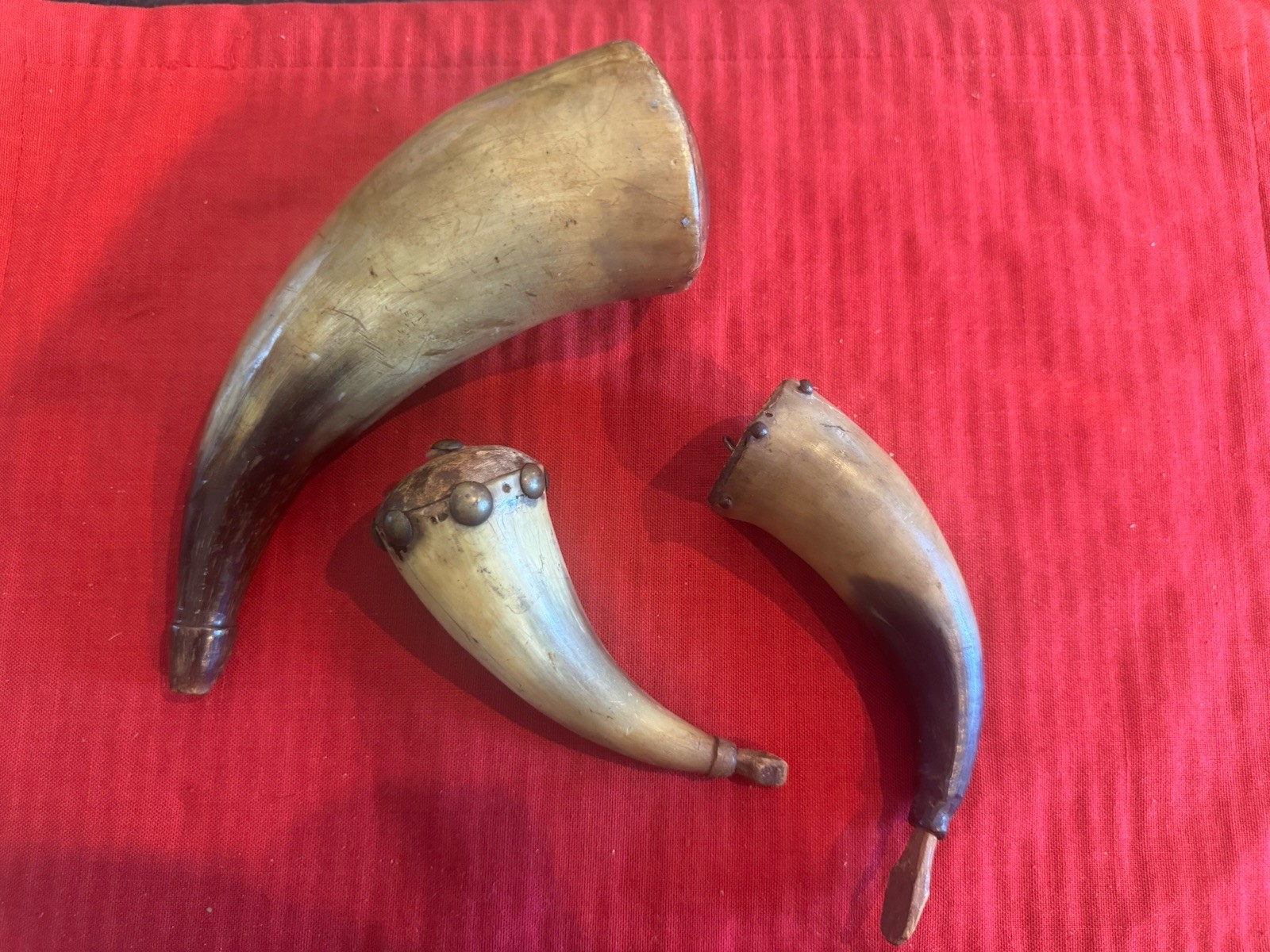 Antique 18th Century Powder Horn Trio - Turned Collar Appalachian Priming Horn Antique 18th Century Powder Horn Trio - Turned Collar Appalachian Priming Horn