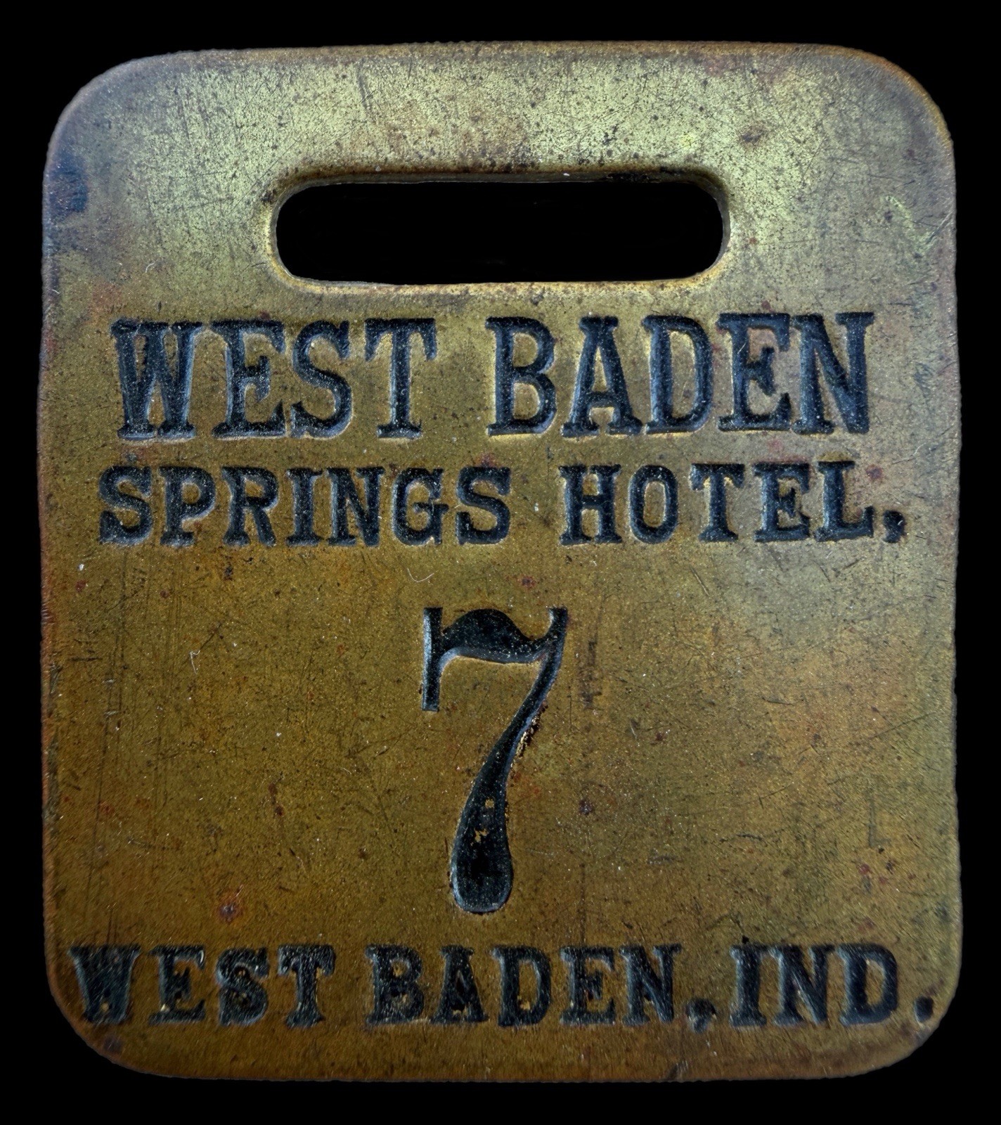 Antique c.1890-1920s West Baden Springs Hotel LUCKY 7 Brass Key Tag Fob Indiana Antique c.1890-1920s West Baden Springs Hotel LUCKY 7 Brass Key Tag Fob Indiana