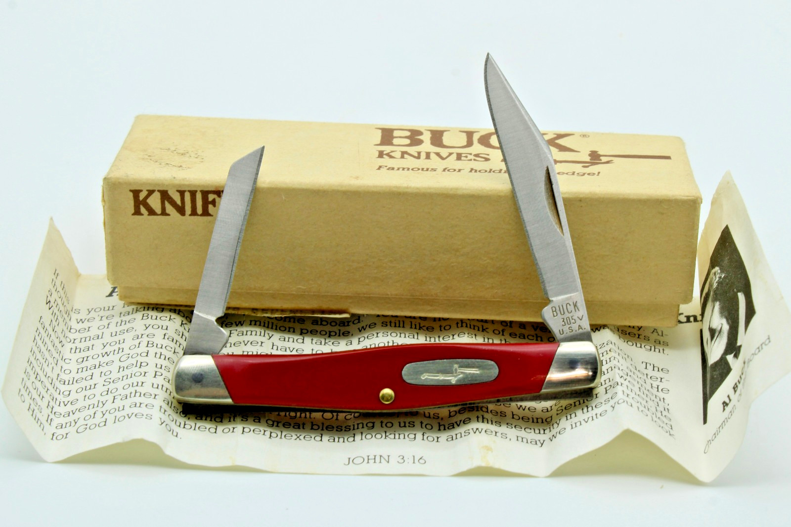 VINTAGE 1989 BUCK 305 ∧ SMOOTH RED LANCER KNIFE NEVER USED IN BOX VINTAGE 1989 BUCK 305 ∧ SMOOTH RED LANCER KNIFE NEVER USED IN BOX