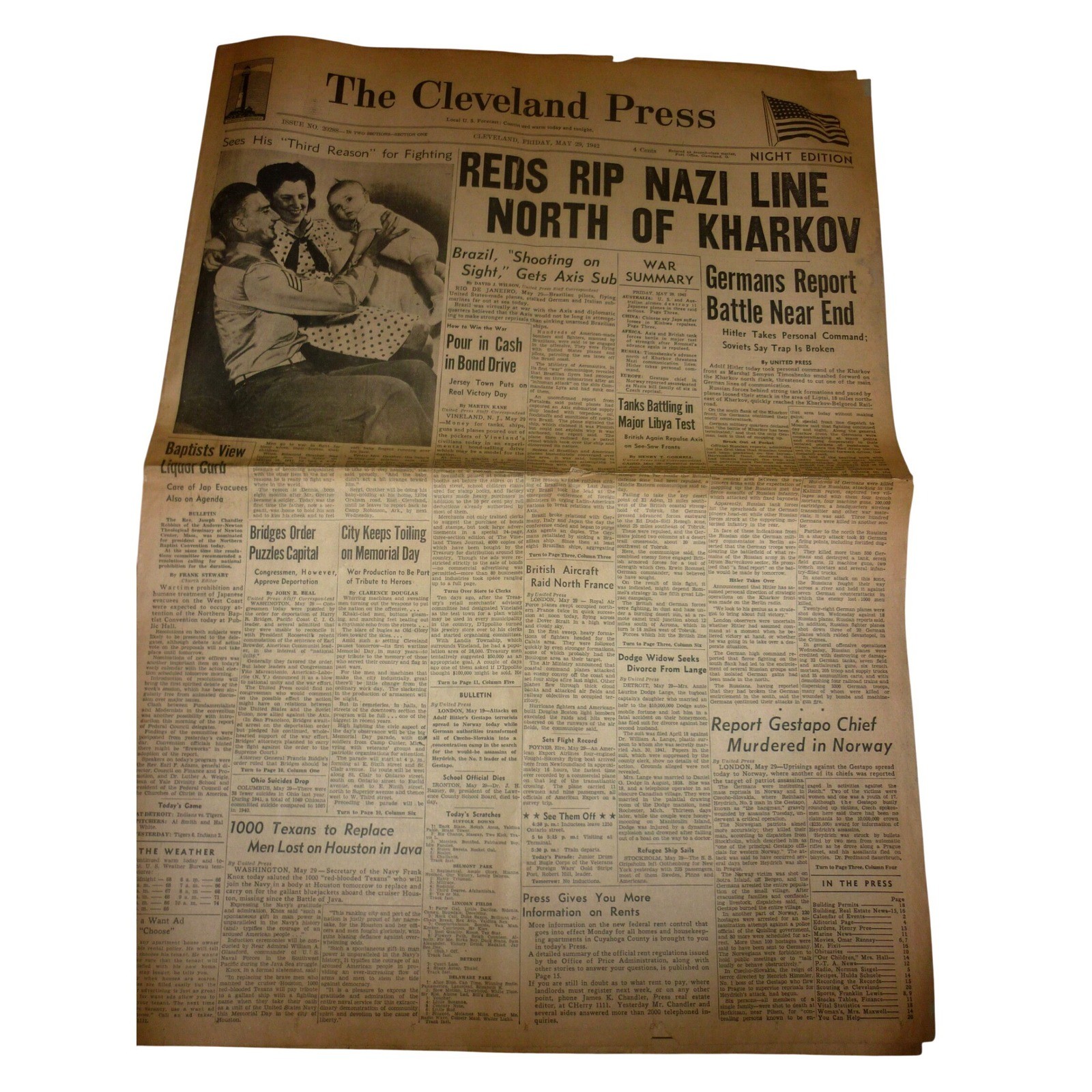 Vintage May 29 1942 Cleveland Press Newspaper WWII Kharkov Heydrich Houston