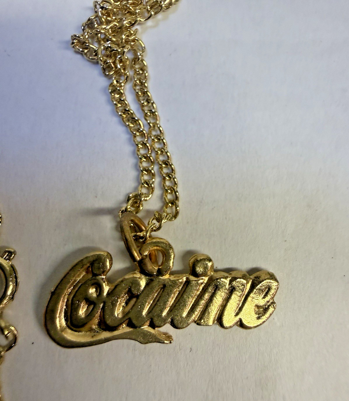 Vintage 1970s Statement Necklace "Cocaine"  Unused Gold Plated "Movie Blow"