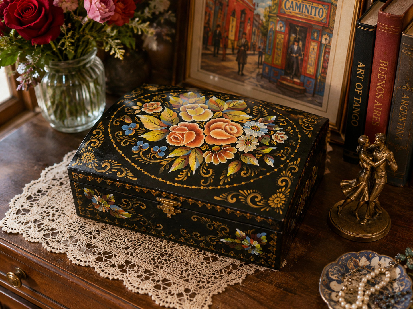 Vintage Hand Painted Argentine Wooden Keepsake Box Buenos Aires Caminito Tango