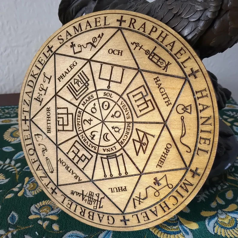 Wooden Handmade Engraved Altar Plate  Seal of the Seven For Protection Use