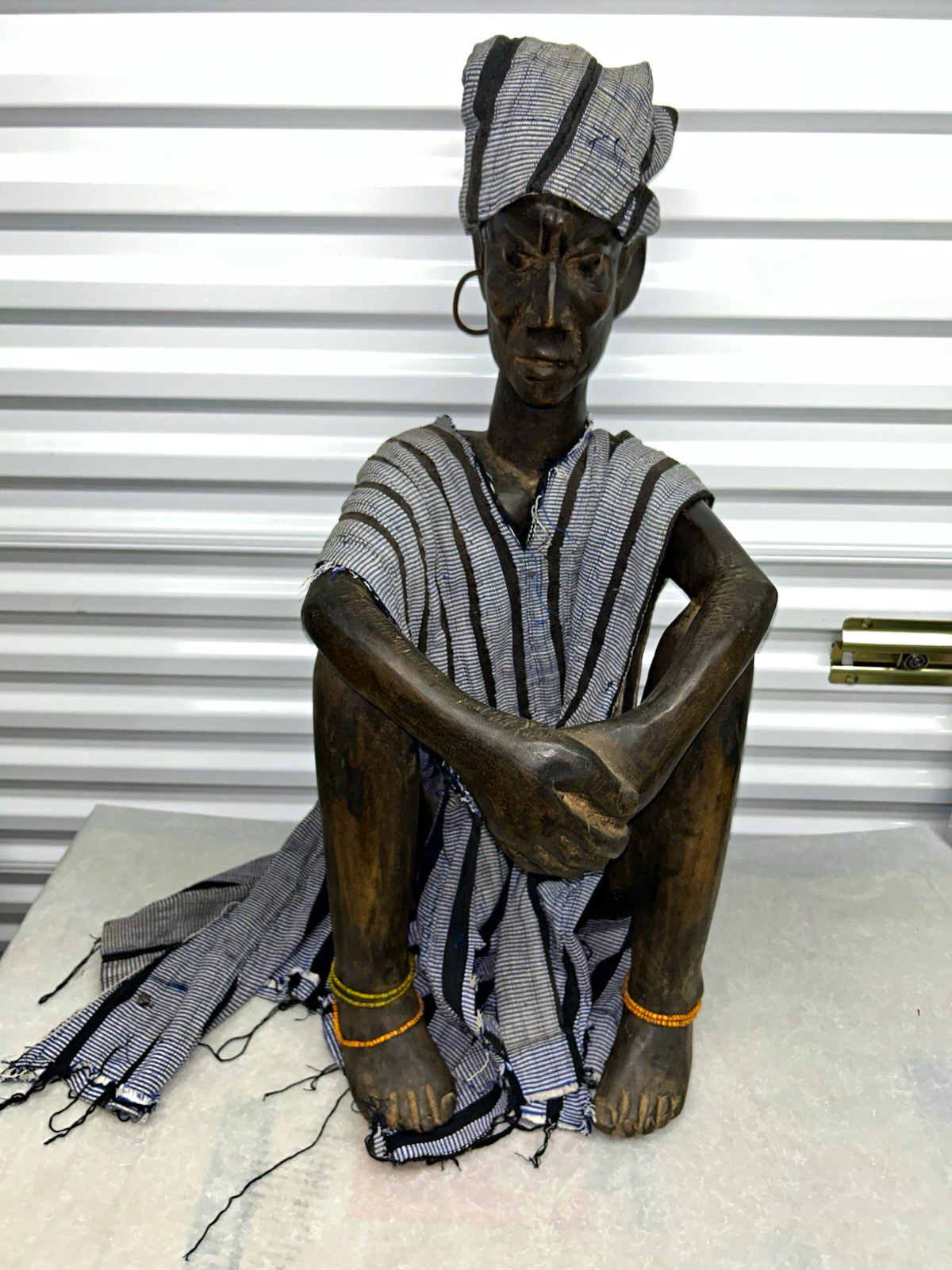 30" Vintage African Hand-Carved Wood Seated Figure Statue w/ Fabric Garment 30" Vintage African Hand-Carved Wood Seated Figure Statue w/ Fabric Garment