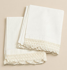 Vintage Pair White Cotton Pillowcases Crochet Lace Edging 33”x21” picture