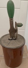 VINTAGE A&J 1923 HAND MIXER BEATER WITH BROWN STONEWARE BOWL ANTIQUE picture