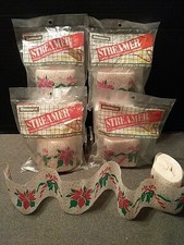 Vtg Dennison Christmas Poinsettia & Candy Cane Crepe Paper Streamers 30ft. 4pc picture