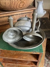 LOT Antique Early Pewter Bowl Basin Candlesticks Tea Pot Country Primitive 4 PCs picture