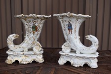 pair antique vieux brussels porcelain vases hand paint decor picture