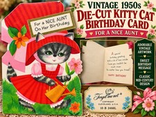 Vintage 1950s American Greetings Forget Me Not Kitty Cat Sunbonnet Flowers Aunt picture