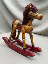 Vintage Brown Hand-Painted Wooden Rocking Horse – Folk Art, Yarn Hair picture