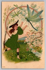 1907 Antique Postcard Girl Chasing Dragonfly Spring Blossoms Idaho Postmark picture
