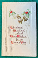 1914 Embossed Christmas Postcard Bells Holly Greetings Good Wishes Posted picture