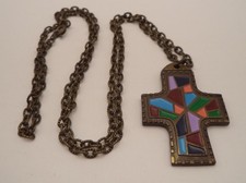 Vtg 1971 Terra Sancta Guild Enamel Cross Necklace Isaiah 43:1 Bronze Stained Gl picture