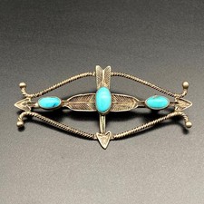 Vintage Navajo Native Turquoise Hand Stampwork Arrow Twist Silver Brooch Pin picture
