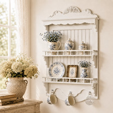 Wall Plate and Mug Rack Shelves & Hooks Wood Antique French Style picture