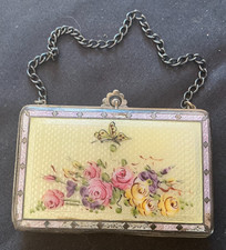 Antique Guilloche Enamel Compact Dance Purse Hand Painted Floral Butterfly Chain picture