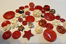 SALE 40+  Vintage RED & WHITE Plastic Buttons Stars, Flowers, Skates, Dog, Fruit picture